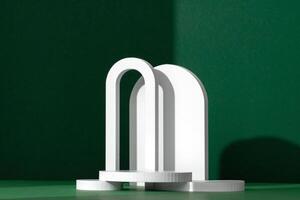 Modern White Architectural Shapes Against A Deep Green Background Displayed On A Simple Table Setting photo