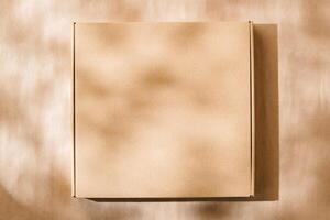 A plain cardboard box on a textured surface with soft light and shadows during the afternoon photo