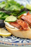 Freshly made open-faced sandwiches topped with smoked salmon and cucumber, served with a side salad photo