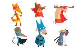 Collection of Funny Animals Characters Dressed as Superheroes with Capes And Masks, Courageous Cute Animals in Different Action Poses Illustration vector