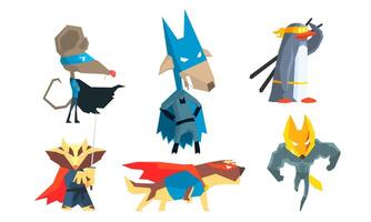 Funny Animals Characters Set, Courageous Cute Animals Dressed as Superheroes with Capes And Masks in Different Action Poses Illustration vector
