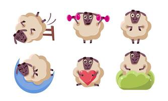 Cute Sheep Character Set, Funny Farm Animal in Different Situations, Sheep Sleeping, Doing Sports, Dying, Hiding in Bushes Illustration vector