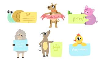 Cute Animals Holding Banners Set, Adorable Happy Cartoon Characters Standing with Blank Sheets of Paper, Snail, Dog, Pig, Sheep, Goat, Chicken Illustration vector