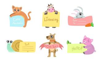 Cute Animals Holding Banners Set, Adorable Happy Cartoon Characters Standing with Blank Sheets of Paper, Cat, Cow, Snail, Rabbit, Dog, Piglet, Pig Illustration vector