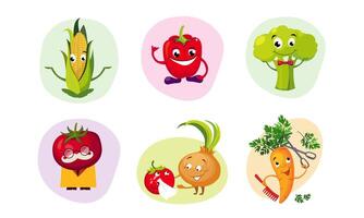 Cute Happy Vegetables Characters Set, Funny Mascots with Smiling Faces, Corncob, Tomato, Broccoli, Onion, Carrot, Pepper Illustration vector