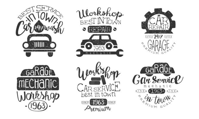 Car Wash Best in Town Premium Quality Retro Labels Set, Workshop, Car Repair Service Hand Drawn Badges Monochrome Illustration