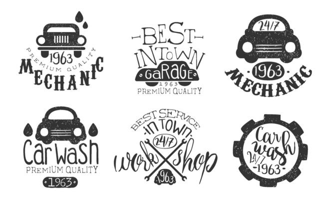 Garage Best in Town Premium Quality Retro Labels Set, Car Wash Service Hand Drawn Badges Monochrome Illustration