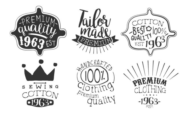 Tailor Made Premium Quality Retro Labels Set, Sewing Cotton Hand Drawn Badges Monochrome Illustration