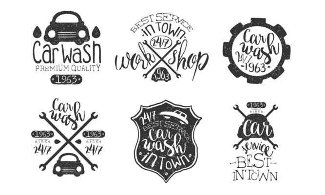Car Wash Best in Town Premium Quality Retro Labels Set, Workshop Service Hand Drawn Badges Monochrome Illustration