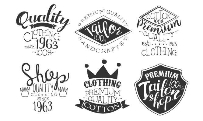 Tailor Shop Premium Retro Labels Set, Shop Quality Hand Drawn Badges Monochrome Illustration