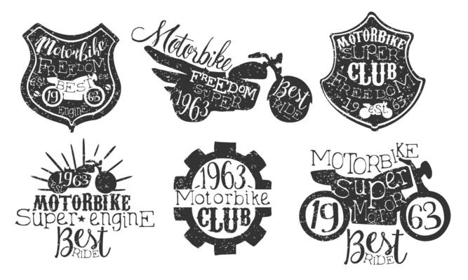 Motorbike Club Retro Labels Set, Super Motor Best Ride Hand Drawn Badges Monochrome Illustration