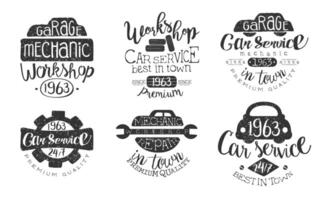 Garage Mechanic Workshop Premium Quality Retro Labels Set, Car Service Hand Drawn Badges Monochrome Illustration vector