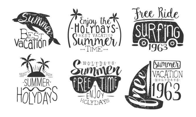 Enjoy Summer Holidays Retro Labels Set, Best Vacation, Free Ride Surfing Hand Drawn Badges Illustration