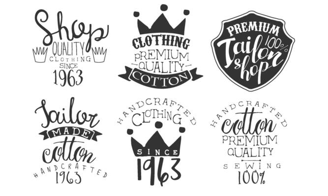 Tailor Shop Premium Retro Labels Set, Handcrafted Clothing Hand Drawn Badges Monochrome Illustration