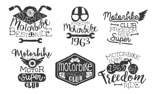 Motorbike Club Retro Labels Set, Freedom Ride Hand Drawn Badges Monochrome Illustration