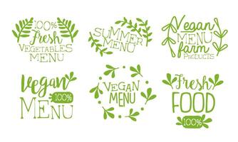 Fresh Vegan Menu Labels Set, Fresh Farm Products Summer Menu Hand Drawn Badges Illustration vector