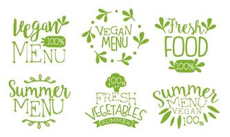 Fresh Vegan Menu Labels Set, Fresh Vegetables Summer Menu Hand Drawn Badges Illustration vector