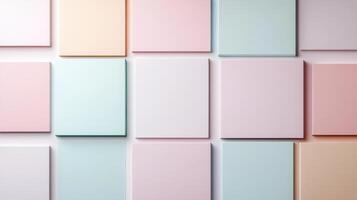 Pastel colored square canvases arranged on wall create soothing atmosphere photo