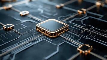 High tech circuit board with golden accents and intricate connections photo