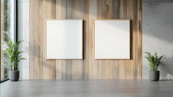 Minimalist interior with empty frames and plants on wooden wall photo