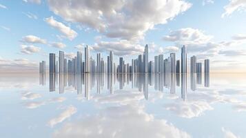 Futuristic city skyline with reflective water and dramatic clouds photo