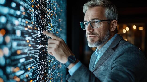 Data analyst presenting insights on digital screen with graphs and data photo