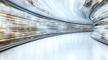 Futuristic digital corridor with glowing lights and smooth curves photo
