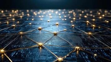 3D global business network with connected nodes and glowing lights photo