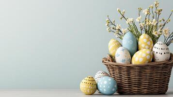 basket overflowing with decorated Easter eggs and spring flowers photo