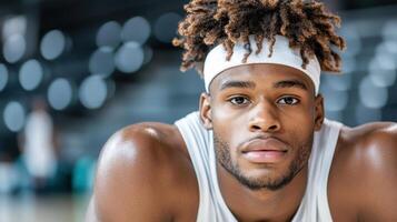 Focused basketball player with headband, showcasing determination and strength photo