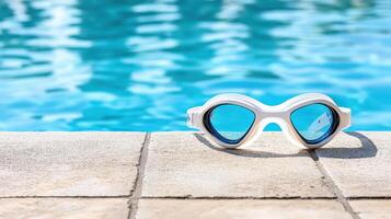 Swimmer goggles resting by poolside, reflecting water shimmer photo