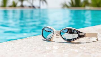 Close up of swimming goggles resting by poolside, reflecting water photo