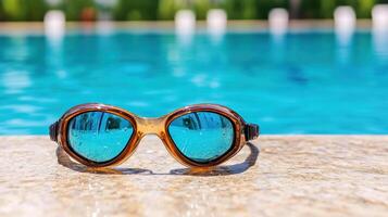 Swimmer goggles resting by pool, reflecting water and sunlight photo