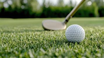 close up of golf ball on grass with club in background, ready to play photo