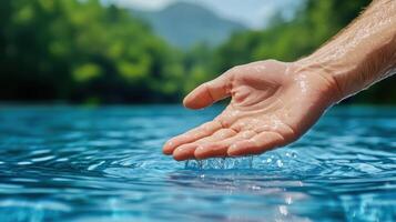 swimmer hand breaking surface of clear water, creating ripples photo