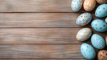 Beautifully decorated Easter eggs on wooden table create festive atmosphere photo