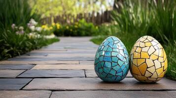 Colorful Easter eggs on garden path create vibrant spring scene photo