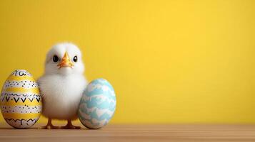 cute baby chick standing beside colorful decorated eggs on bright background photo