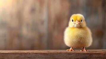fluffy yellow chick standing on wooden surface, looking curious photo