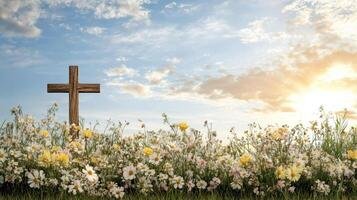 serene landscape with wooden cross and blooming flowers under bright sky photo