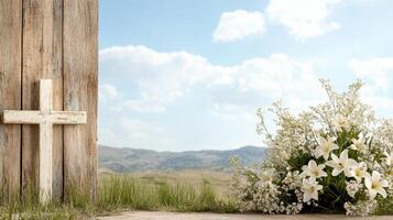 serene landscape featuring wooden cross and blooming lilies, evoking peace photo
