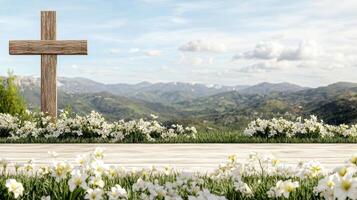 serene landscape with wooden cross and blooming flowers in foreground photo