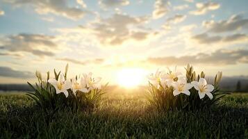 serene sunrise over field of white Easter lilies, creating peaceful atmosphere photo