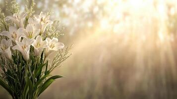 serene bouquet of white lilies with soft sunlight in background photo