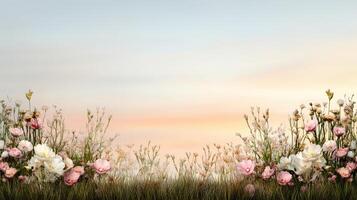 serene sunset over field of colorful flowers creates peaceful atmosphere photo