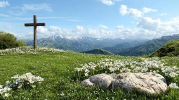 serene landscape with cross and blooming lilies in lush meadow photo