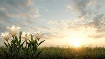 serene sunrise over field of white lilies, creating peaceful atmosphere photo