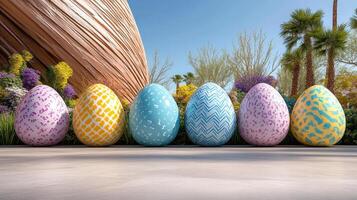 Vibrant Easter egg display at spring festival with colorful designs photo