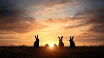 vibrant Easter sunrise with silhouettes of bunnies and eggs photo