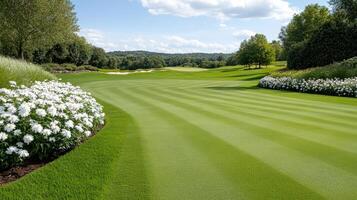 vibrant spring scene on golf course with blooming flowers and lush grass photo